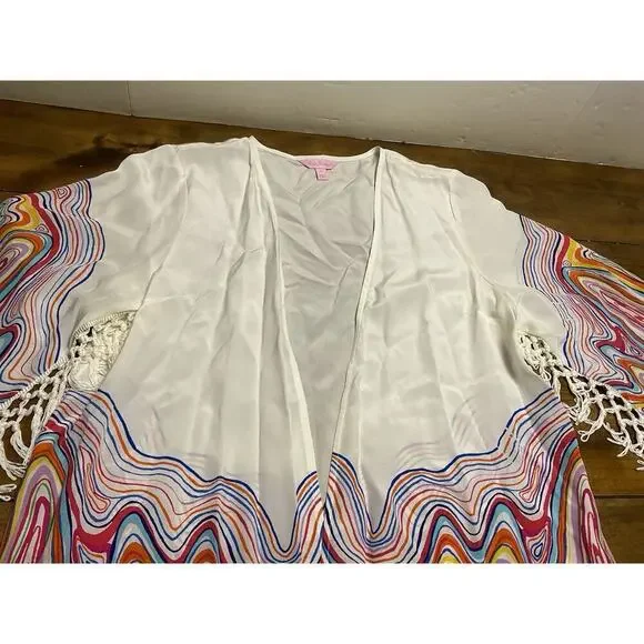 Lilly Pulitzer White Fringe Open Kimono “The Catch Stripe” Silk Tara Top Medium - Picture 4 of 13